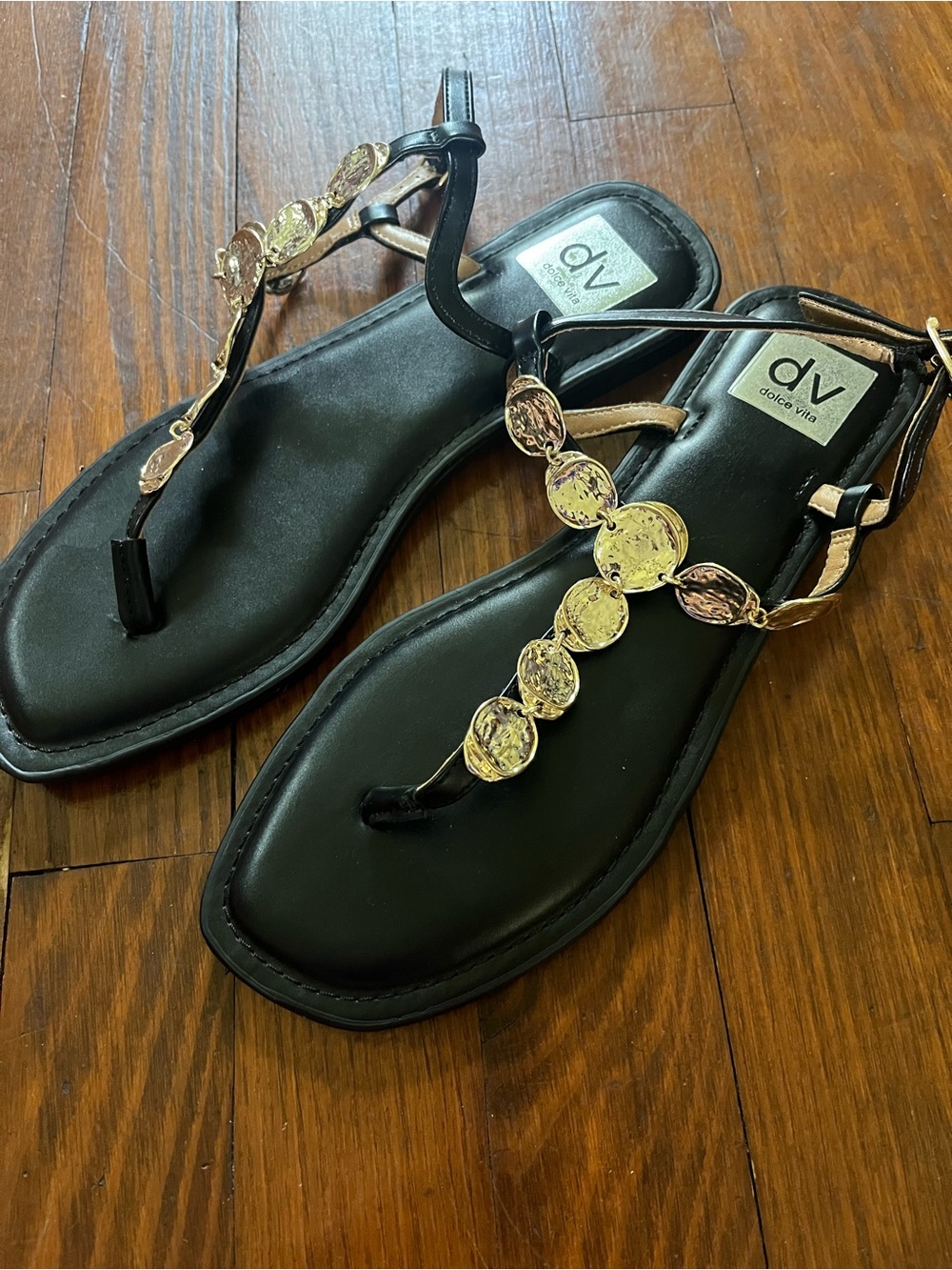DV by Dolce Vita Black Jorgie Sandals with Gold Medallions Size 9